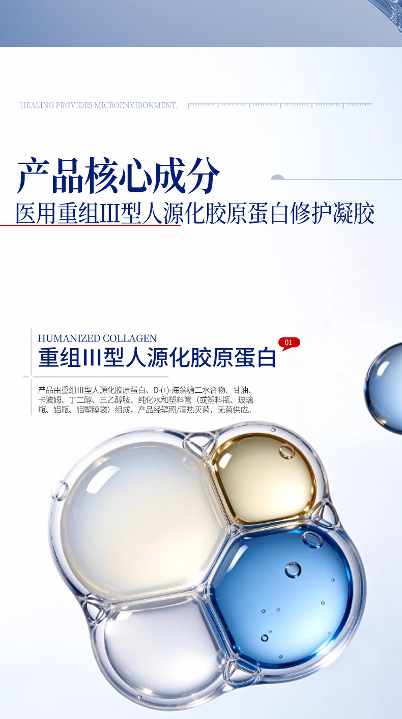 医用重组Ⅲ型人源化胶原蛋白修复凝胶敷料预防疤痕形成及色素沉着 商品复购率25%
