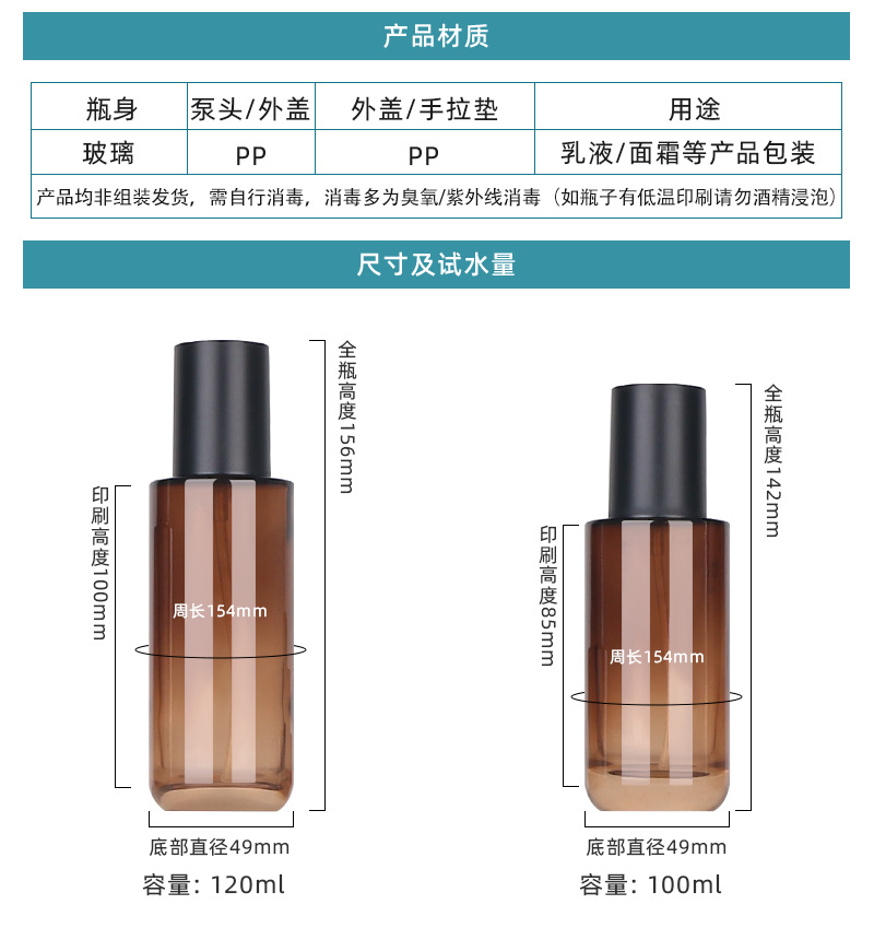现货50g膏霜瓶120ml按压乳液瓶30ml滴管瓶精油瓶化妆品玻璃套装瓶