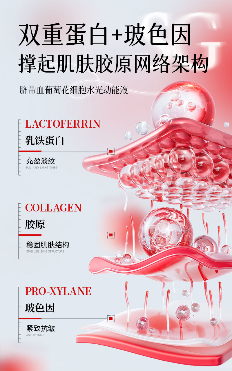 脐带血葡萄花细胞水光动能液oem紧致淡纹面部精华液套盒代工定制
