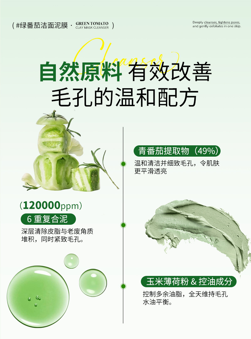 定制跨境爆款绿番茄洁面泥膜oemTK亚马逊深层清洁控油泥膜洗面奶